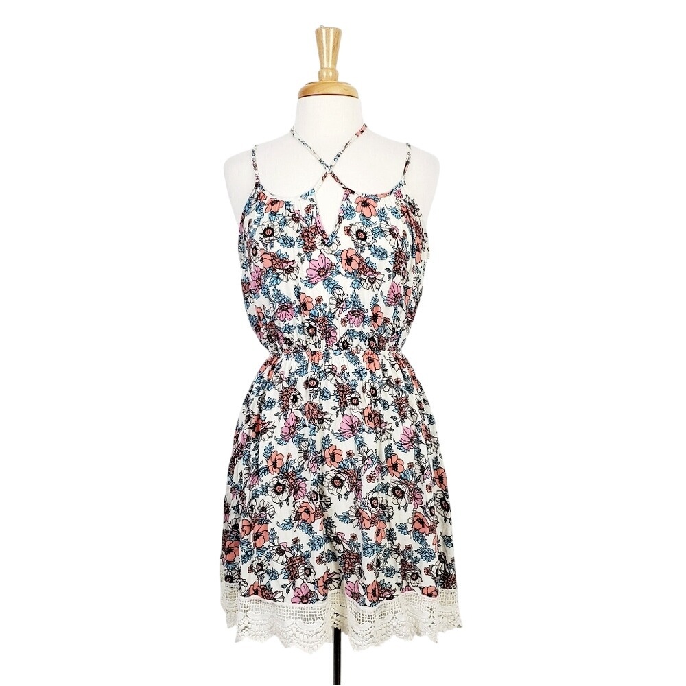 Wild Daisy Sleeveless Floral Sundress Womens Size L Crochet Hem Elastic Waist